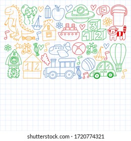 Kindergarten preschool school children. Kids drawing style vector pattern. Play grow learn together.