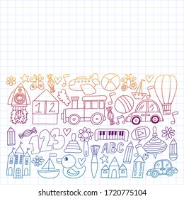 Kindergarten preschool school children. Kids drawing style vector pattern. Play grow learn together.