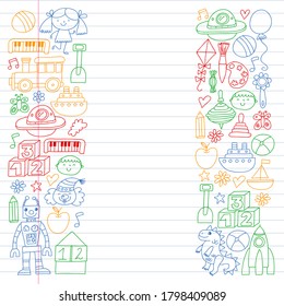 Kindergarten preschool school children. Kids drawing style vector pattern. Play grow learn together.