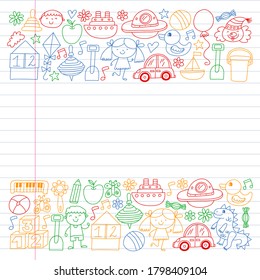 Kindergarten preschool school children. Kids drawing style vector pattern. Play grow learn together.