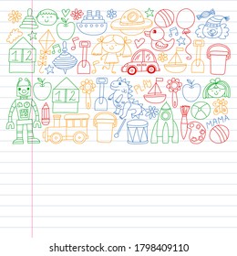 Kindergarten preschool school children. Kids drawing style vector pattern. Play grow learn together.