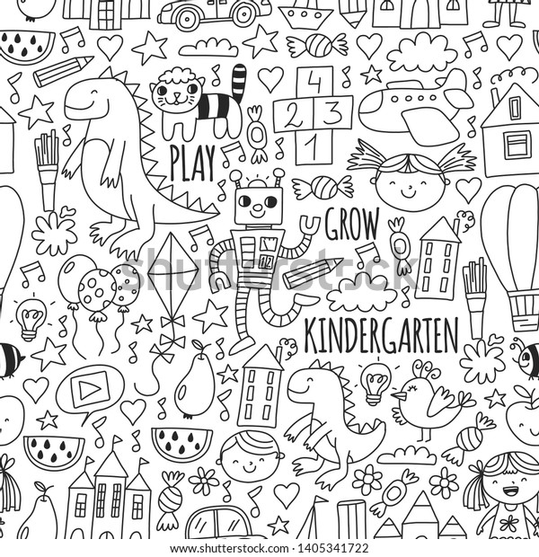 Kindergarten preschool school
children. Kids drawing style vector pattern. Play grow learn
together.