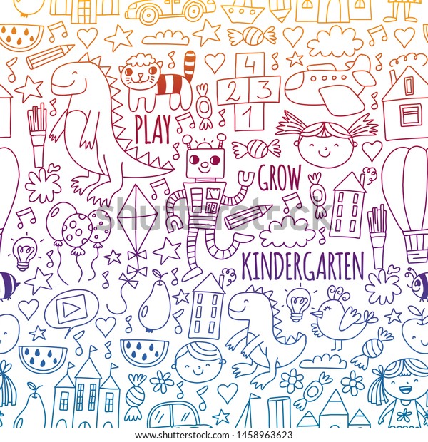 Kindergarten preschool school
children. Kids drawing style vector pattern. Play grow learn
together.
