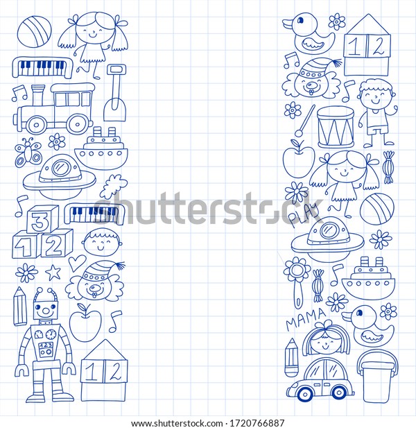 Kindergarten preschool school\
children. Kids drawing style vector pattern. Play grow learn\
together.
