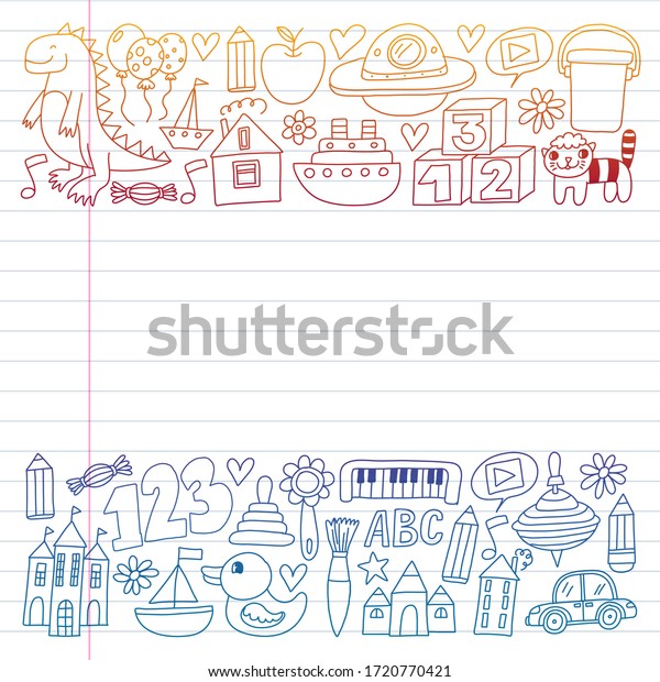 Kindergarten preschool school\
children. Kids drawing style vector pattern. Play grow learn\
together.