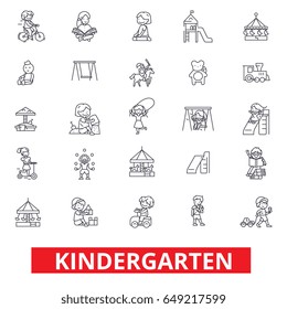 Kindergarten, preschool, teacher, nursery, playground, daycare, kids playing line icons. Editable strokes. Flat design vector illustration symbol concept. Linear signs isolated on white background