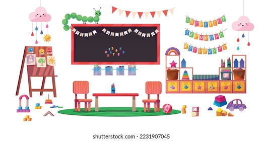 Kindergarten or primary school interior design elements. Vector cartoon illustration of furniture, toys, board, colorful wall decorations, childrens paintings isolated on white. Kids education space