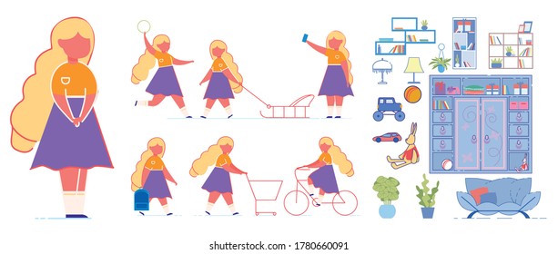 Kindergarten Pupil Vector Cartoon Character Set. Little Girl in Different Activities and Room Furniture Flat Illustrations. Preschooler, Bookcases, Houseplants and Toys Isolated on White Background