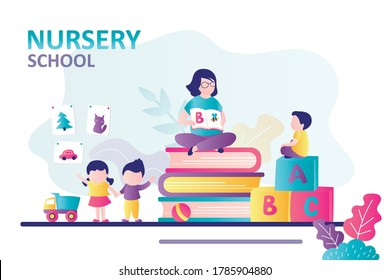 Kindergarten pupils learn alphabet with tutor. Teacher children group shows book spread picture. Nursery school & babycare center. Babysitter with preschool kids in playroom. Flat vector illustration