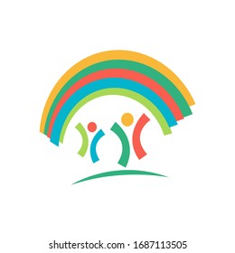 kindergarten with rainbow and kids logo vector icon design illustrations