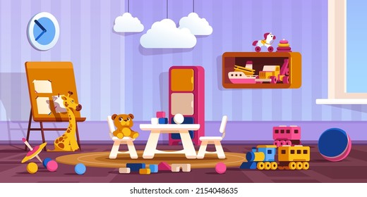 Sala de jardín de infancia. Caricatura linda sala de juegos con juguetes coloridos, clase preescolar con librerías y juguetes de actividades. Ilustración vectorial. Lugar con mesa y sillas para las actividades de animación