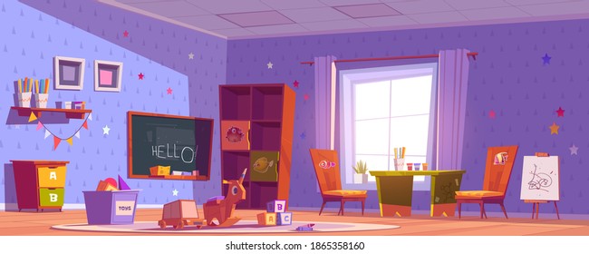 Kindergarten room, daycare center with toys, chalkboard, table and chairs for kids. Vector cartoon interior of nursery room in house or preschool with easel for drawing, shelves and toy box