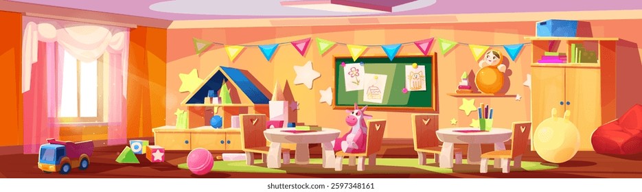 Kindergarten room with furniture and toys. Vector cartoon illustration of nursery school interior with wooden shelves, table and chairs, color truck, cubes, ball, doll for children, pictures on wall