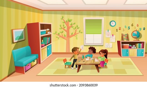 Kindergarten room interior cartoon vector illustration with three funny little kid characters drawing together at common table