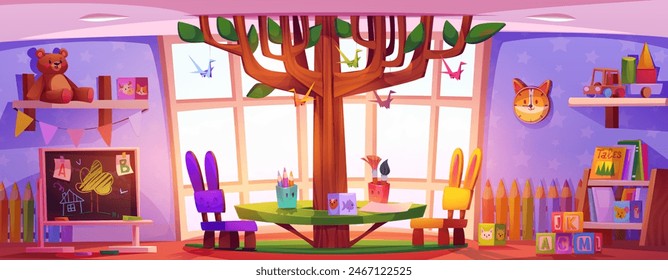 Kindergarten room interior with furniture and toys. Cartoon vector illustration of nursery playroom with decorative tree, table and chairs, books and plaything on shelf, chalkboard and painting tools