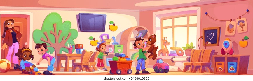 Interior de la habitación del jardín de infantes con niños pequeños jugando con juguetes y niñera de la mujer. Ilustración vectorial de dibujos animados de niños y profesores en el aula de la guardería. Zona de juegos cubierta.