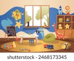 Kindergarten room interior. Preschool classroom with desk, chairs and toys. Learning and study place. Composition of nursery items. Flat style cartoon illustration