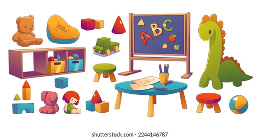 Kindergarten room interior set with kids table, chair, toys, blackboard and shelves. Nursery playroom with furniture for children, blocks and plush toys, vector illustration in contemporary style