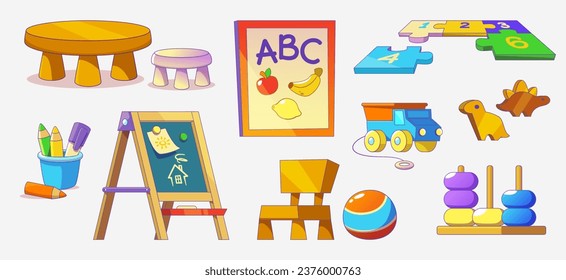 Kindergarten room interior set with toy for kid. Nursery or classroom element collection. Child playroom and education activity furniture ui icon. 2d daycare playschool drawing for toddler childhood