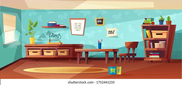 Kindergarten room modern vector  illustration with furniture, sunlight from window and toys. Nursery for kids, little children.  Flat style design. Preschool.