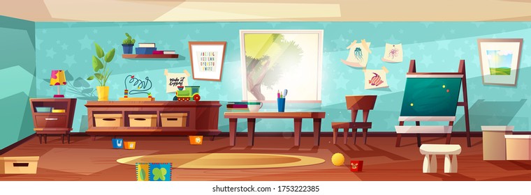 Sala de jardín de infancia moderna ilustración vectorial con muebles, luz solar desde la ventana y juguetes para los niños. Enfermería para niños, niños pequeños.  Diseño de estilo plano. Preescolar.