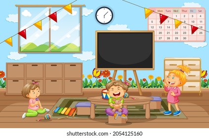Kindergarten room scene with many little kids  illustration