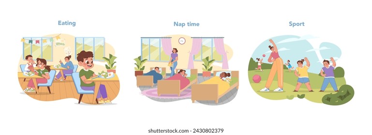 Kindergarten routine set. Little children having balanced meals, restful naps, and active sports sessions. Healthy habits for young learners. Daily life in early education. Flat vector illustration