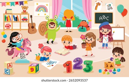 Kindergarten Scene With Cartoon Characters