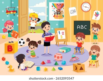 Cena de jardim de infância com personagens de desenhos animados