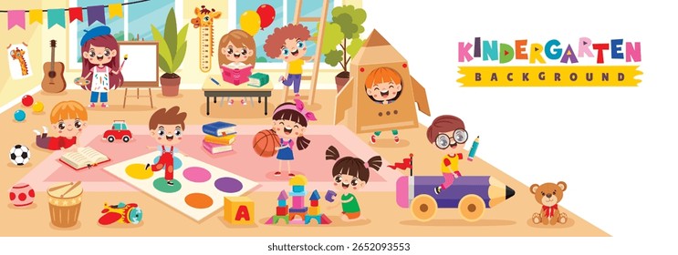 Cena de jardim de infância com personagens de desenhos animados
