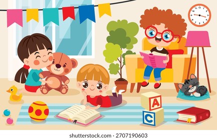 Escena de jardín de infantes con personajes de dibujos animados