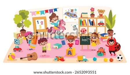 Kindergarten Scene With Cartoon Characters