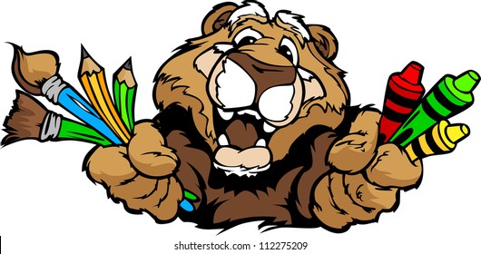 Kindergarten School Cougar with crayons and paint brushes, and art supplies in Paws Smiling Mascot Vector Illustration