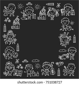 Kindergarten School Education Study Children Play and grow Kids drawing icons