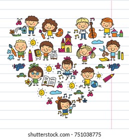 Kindergarten School Education Study Children Play and grow Kids drawing icons