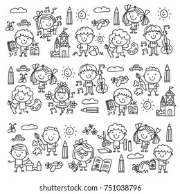 Kindergarten School Education Study Children Play and grow Kids drawing icons