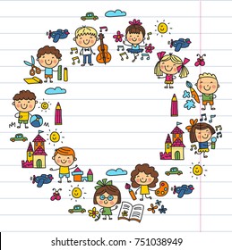 Kindergarten School Education Study Children Play and grow Kids drawing icons