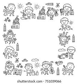 Kindergarten School Education Study Children Play and grow Kids drawing icons