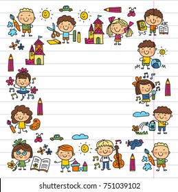 Kindergarten School Education Study Children Play and grow Kids drawing icons