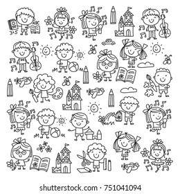 Kindergarten School Education Study Children Play and grow Kids drawing icons