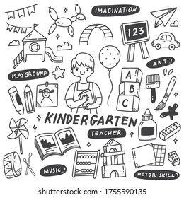 Kindergarten school equipment in doodle style illustration