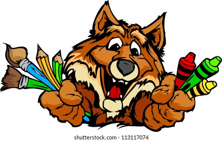 Kindergarten School Fox with crayons and paint brushes, and art supplies in Paws Smiling Mascot Vector Illustration