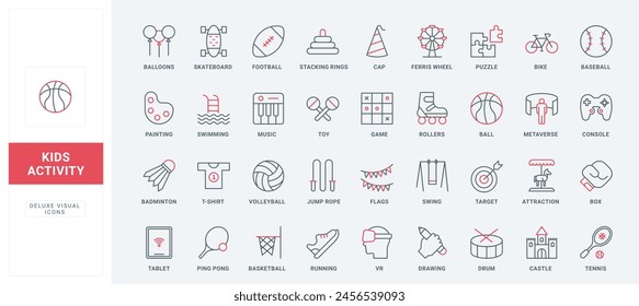 Kindergarten and school games in park, sport equipment and entertainment line icons set. Balls and toys, birthday cap and balloon, swing thin black and red outline symbols vector illustration