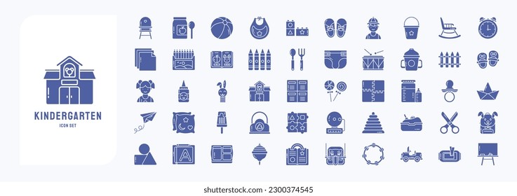 Kindergarten School, including icons like Baby Chair, Baby Food, Ball, Bid,  and more