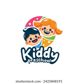 Kindergarten school or preschool and day care with cute boy and girl logo