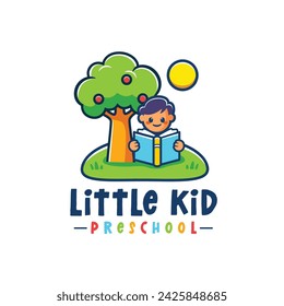 Kindergarten school or preschool and day care with little kid reading logo