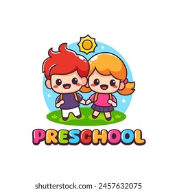 Kindergarten school or preschool and day care with cute boy and girl logo