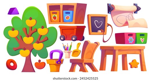 Kindergarten or school room furniture for child. Preschool playroom interior with toy design set. Daycare or baby nursery montessori indoor education activity with board, desk, pencil and bucket