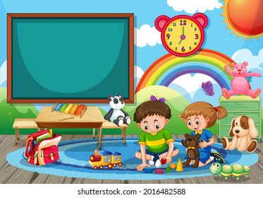 Kindergarten-Schulszene mit zwei Kindern, die Spielzeug in der Zimmergrafik spielen