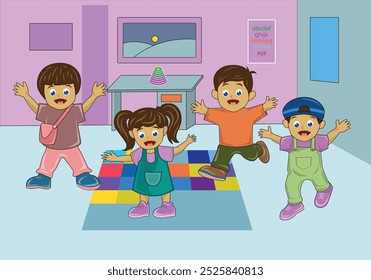 Kindergarten school vector illustration for design elements. Student playing in the classroom.